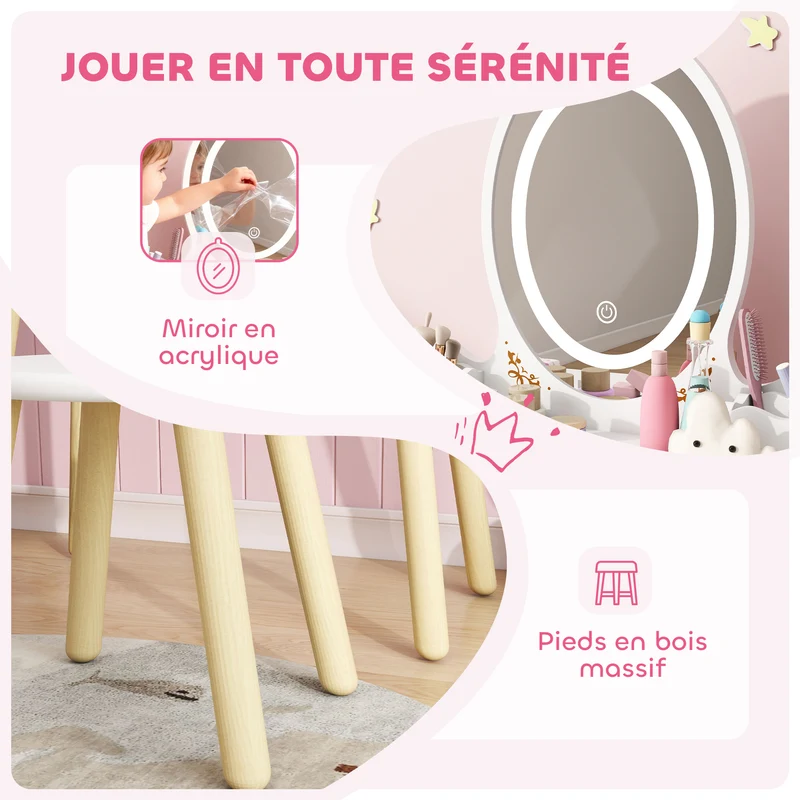 Coiffeuse enfant 2 en 1 bureau 60 x 30 x 99,3 cm miroir LED tactile 3 niveaux rangement siège scandinave en MDF blanc 21_0000271