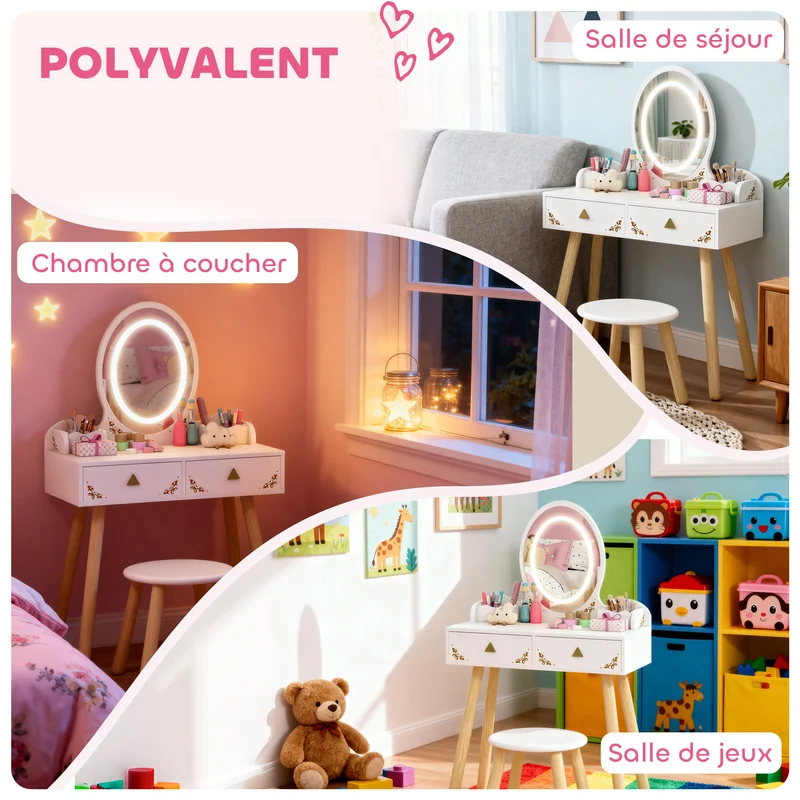 Coiffeuse enfant 2 en 1 bureau 60 x 30 x 99,3 cm miroir LED tactile 3 niveaux rangement siège scandinave en MDF blanc 21_0000271