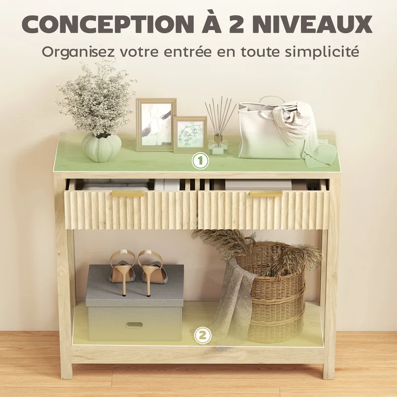 Console étroite couloir 90 x 30 x 76 cm 2 tiroirs et étagère ouverte rangement style moderne épuré en MDF bois naturel 21_0002771
