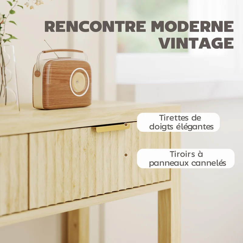 Console étroite couloir 90 x 30 x 76 cm 2 tiroirs et étagère ouverte rangement style moderne épuré en MDF bois naturel 21_0002771