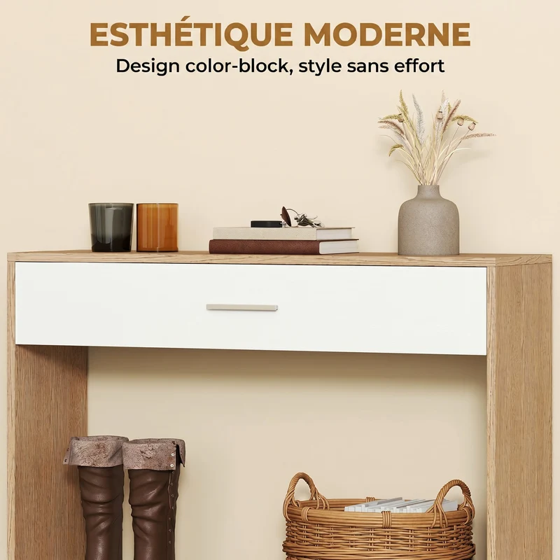 Console d'entrée 91.5 x 27.9 x 85.5 cm avec tiroir étagère miroir séparé compact moderne en panneau de particules chêne 21_0002817