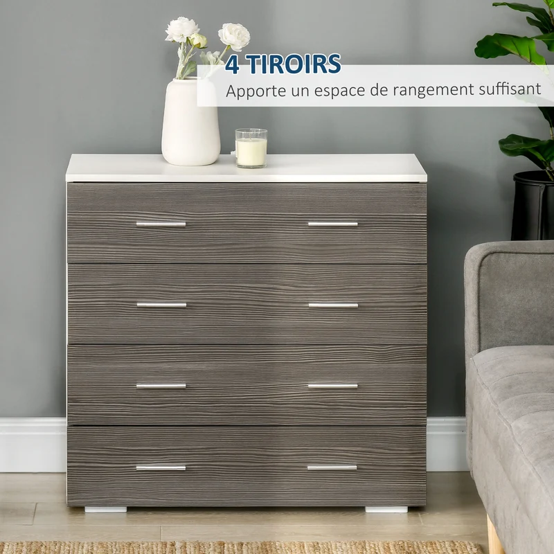 Commode de rangement contemporaine 4 tiroirs 76 x 35 x 72 cm gain de place chambre salon en panneaux de particules gris 21_0001470
