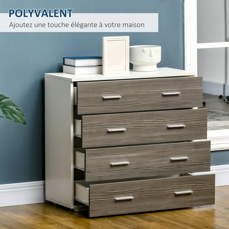 Commode de rangement contemporaine 4 tiroirs 76 x 35 x 72 cm gain de place chambre salon en panneaux de particules gris 21_0001470