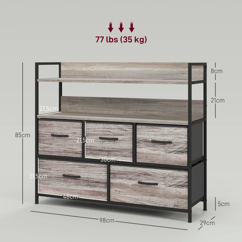 Commode de rangement 5 tiroirs 98 x 29 x 85 cm tiroirs amovibles anti basculement style industriel en polyester gris 21_0001599
