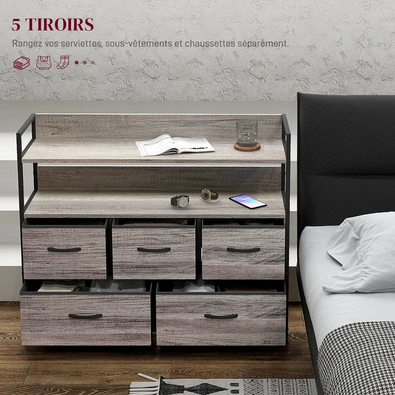 Commode de rangement 5 tiroirs 98 x 29 x 85 cm tiroirs amovibles anti basculement style industriel en polyester gris 21_0001599