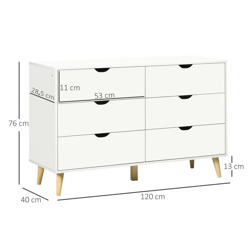 Commode 6 tiroirs chambre 120 x 40 x 76 cm tiroirs spacieux plateau design scandinave épuré en bois d'ingénierie blanc 21_0001529