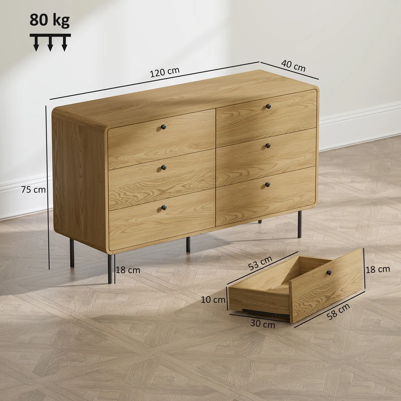 Commode 6 tiroirs chambre 120 x 40 x 75 cm rangement spacieux sécurité anti-basculement moderne scandinave en MDF chêne 21_0003747