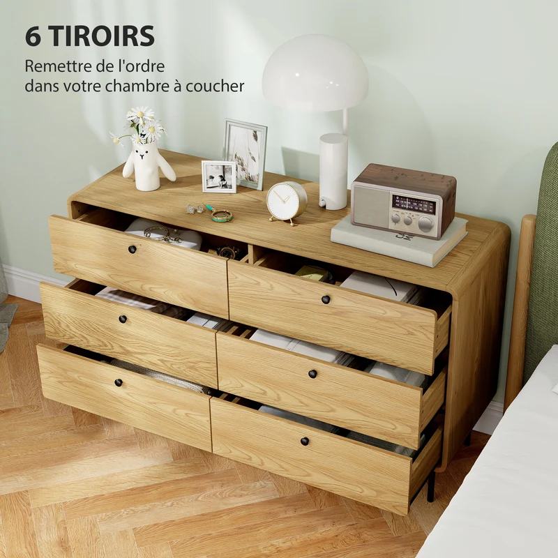 Commode 6 tiroirs chambre 120 x 40 x 75 cm rangement spacieux sécurité anti-basculement moderne scandinave en MDF chêne 21_0003747