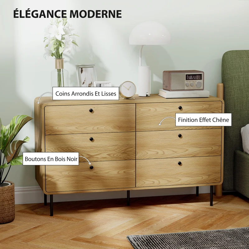 Commode 6 tiroirs chambre 120 x 40 x 75 cm rangement spacieux sécurité anti-basculement moderne scandinave en MDF chêne 21_0003747