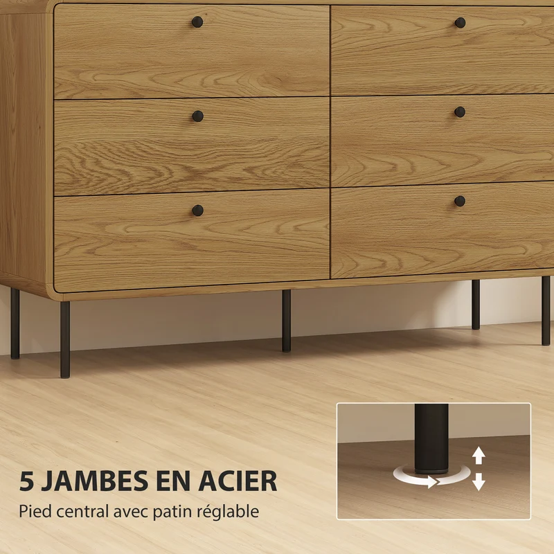Commode 6 tiroirs chambre 120 x 40 x 75 cm rangement spacieux sécurité anti-basculement moderne scandinave en MDF chêne 21_0003747