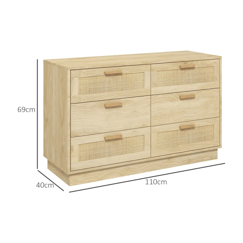 Commode 6 tiroirs 110 x 40 x 69 cm gain de rangement anti basculement style scandinave en panneau de particules chêne 21_0001586