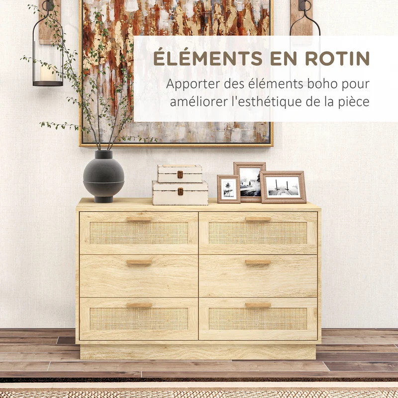 Commode 6 tiroirs 110 x 40 x 69 cm gain de rangement anti basculement style scandinave en panneau de particules chêne 21_0001586