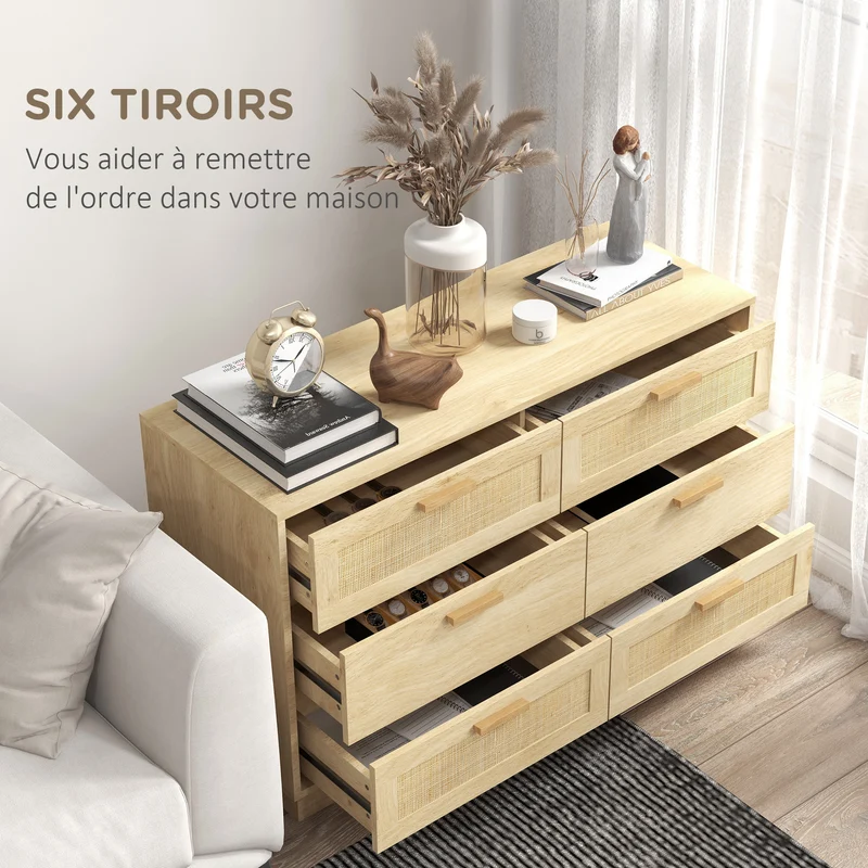 Commode 6 tiroirs 110 x 40 x 69 cm gain de rangement anti basculement style scandinave en panneau de particules chêne 21_0001586