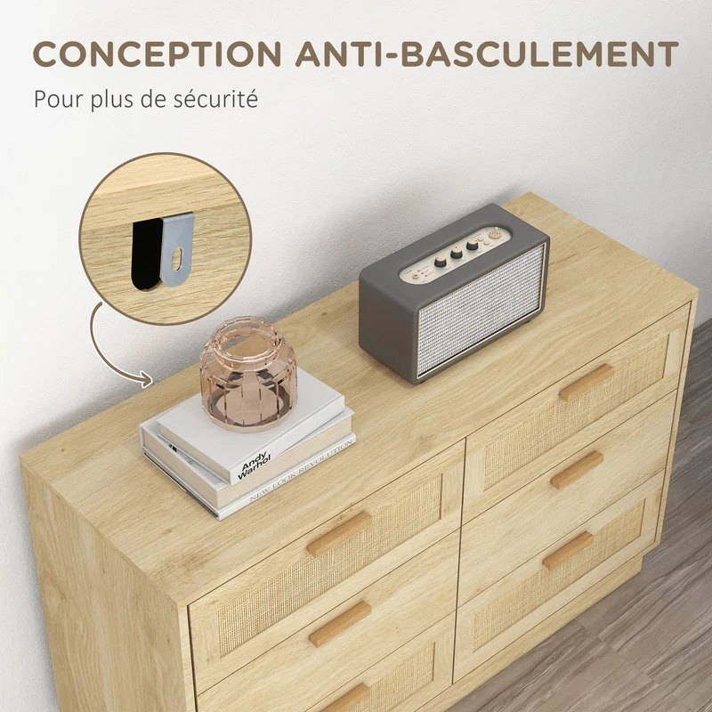 Commode 6 tiroirs 110 x 40 x 69 cm gain de rangement anti basculement style scandinave en panneau de particules chêne 21_0001586