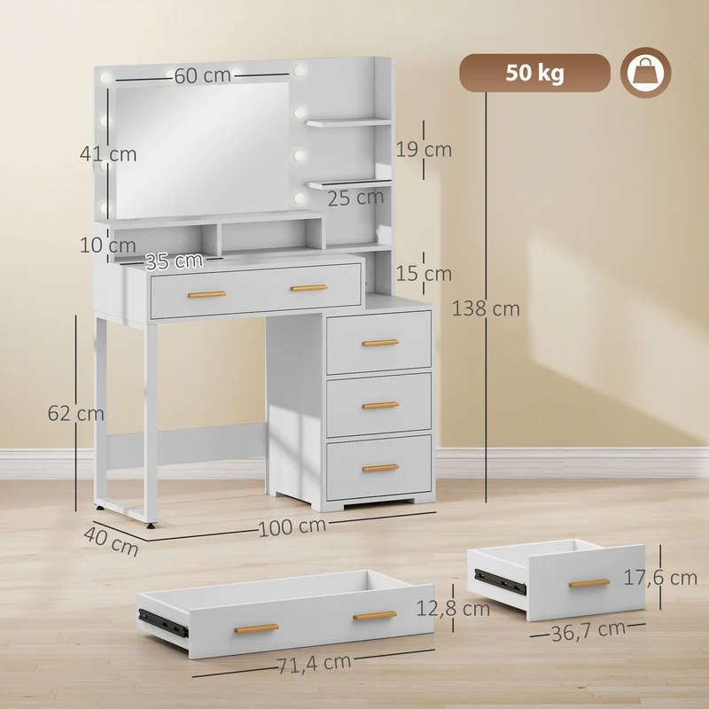 Coiffeuse miroir 9 led 100 x 40 x 138 cm plateau spacieux rangement 4 tiroirs 6 compartiments style moderne en MDF blanc 21_0001580