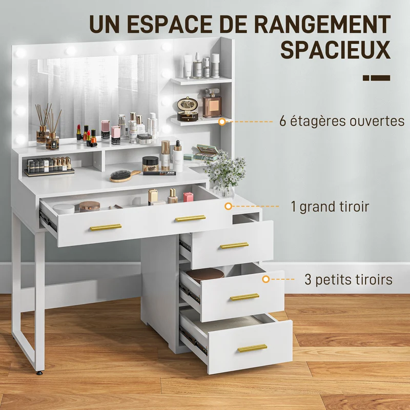 Coiffeuse miroir 9 led 100 x 40 x 138 cm plateau spacieux rangement 4 tiroirs 6 compartiments style moderne en MDF blanc 21_0001580