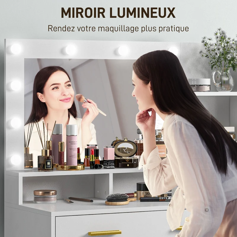 Coiffeuse miroir 9 led 100 x 40 x 138 cm plateau spacieux rangement 4 tiroirs 6 compartiments style moderne en MDF blanc 21_0001580
