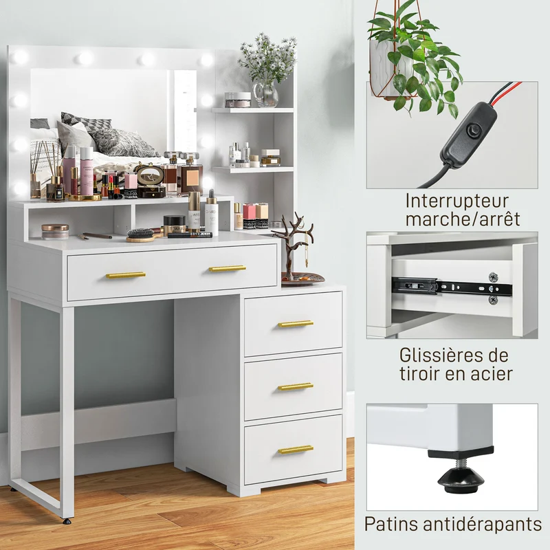 Coiffeuse miroir 9 led 100 x 40 x 138 cm plateau spacieux rangement 4 tiroirs 6 compartiments style moderne en MDF blanc 21_0001580