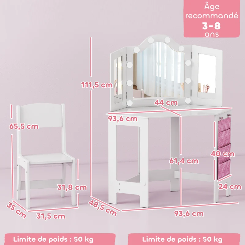 Coiffeuse enfant 2 en 1 maquillage 93.6 x 48.5 x 111.5 cm miroir 3 volets lumineux rangement scandinave en MDF blanc 21_0000269