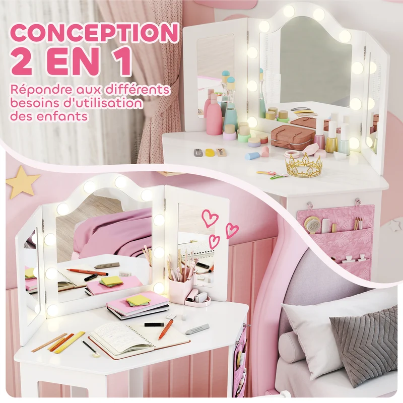Coiffeuse enfant 2 en 1 maquillage 93.6 x 48.5 x 111.5 cm miroir 3 volets lumineux rangement scandinave en MDF blanc 21_0000269