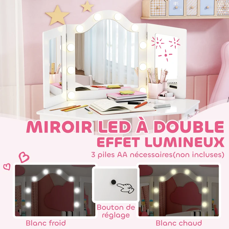 Coiffeuse enfant 2 en 1 maquillage 93.6 x 48.5 x 111.5 cm miroir 3 volets lumineux rangement scandinave en MDF blanc 21_0000269
