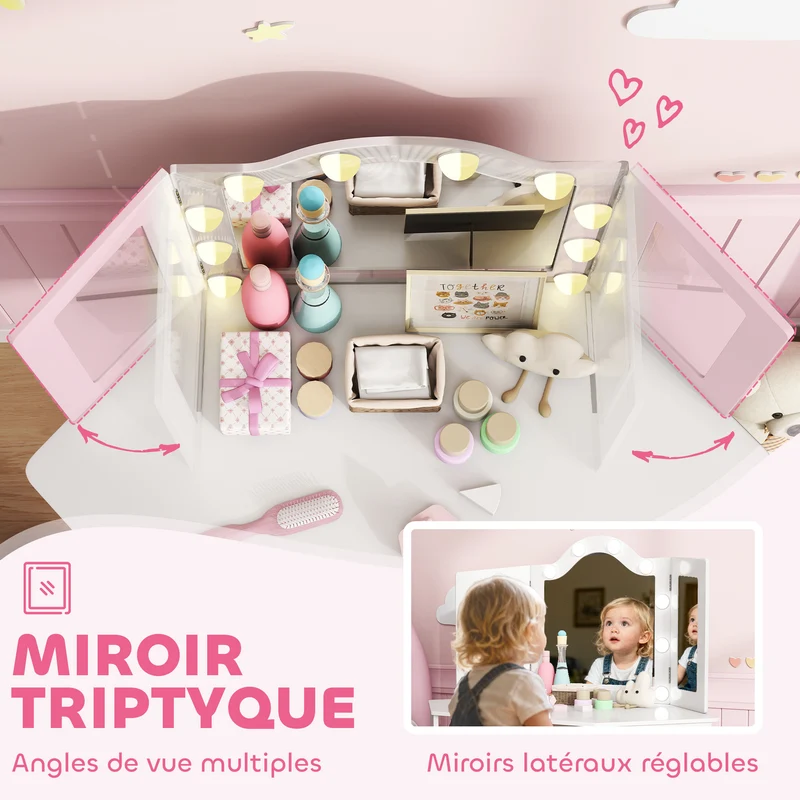 Coiffeuse enfant 2 en 1 maquillage 93.6 x 48.5 x 111.5 cm miroir 3 volets lumineux rangement scandinave en MDF blanc 21_0000269