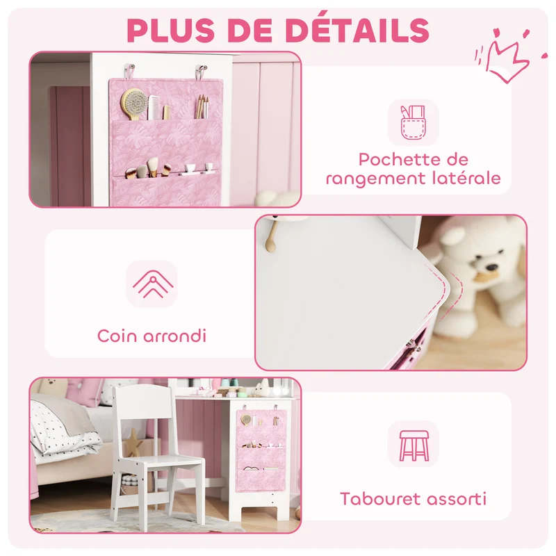 Coiffeuse enfant 2 en 1 maquillage 93.6 x 48.5 x 111.5 cm miroir 3 volets lumineux rangement scandinave en MDF blanc 21_0000269