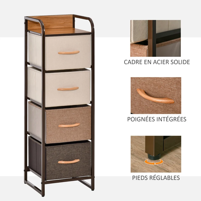 Commode de rangement compacte 31 x 29 x 99 cm gain de place anti basculement style contemporain épuré en acier beige 21_0001485