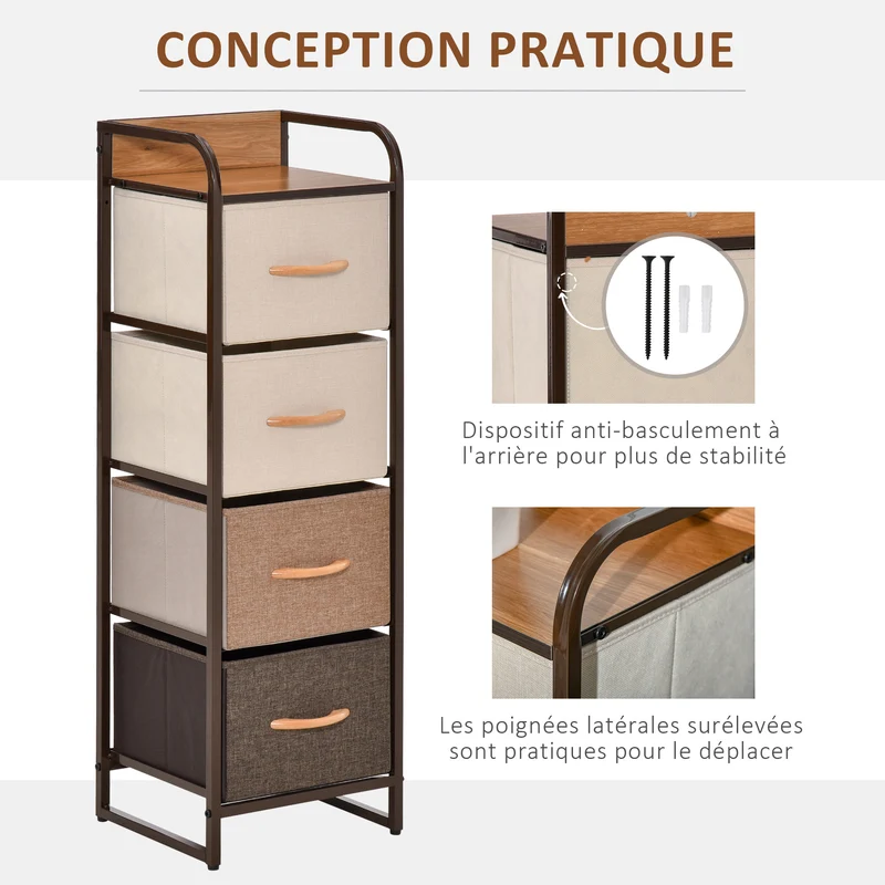 Commode de rangement compacte 31 x 29 x 99 cm gain de place anti basculement style contemporain épuré en acier beige 21_0001485