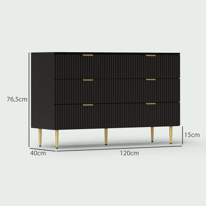 Commode 6 tiroirs rangement chambre 120 x 40 x 76,5 cm grand volume anti-basculement moderne contemporain en MDF noir 21_0001643