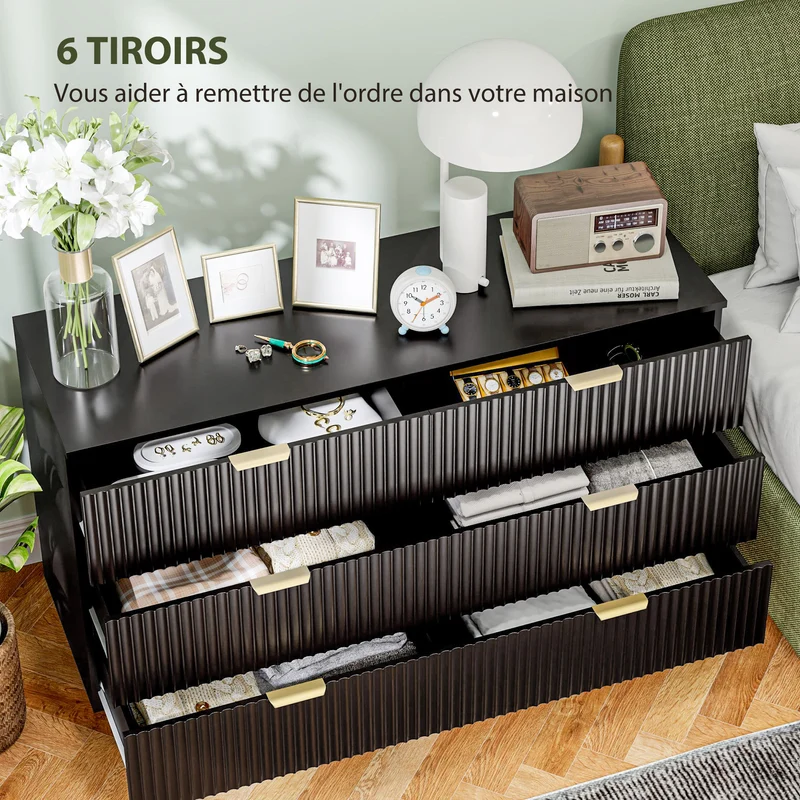 Commode 6 tiroirs rangement chambre 120 x 40 x 76,5 cm grand volume anti-basculement moderne contemporain en MDF noir 21_0001643