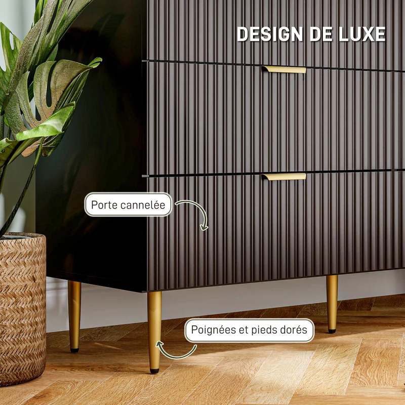 Commode 6 tiroirs rangement chambre 120 x 40 x 76,5 cm grand volume anti-basculement moderne contemporain en MDF noir 21_0001643