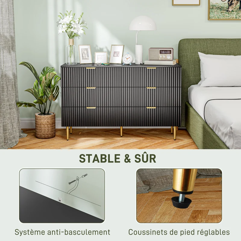 Commode 6 tiroirs rangement chambre 120 x 40 x 76,5 cm grand volume anti-basculement moderne contemporain en MDF noir 21_0001643