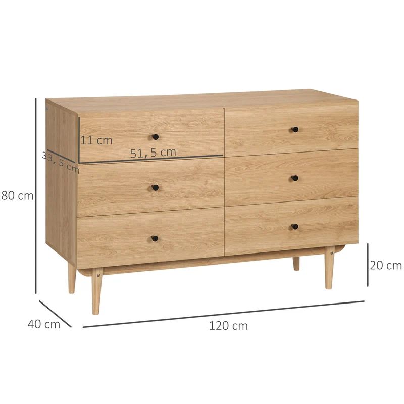 Commode 6 tiroirs 120 x 40 x 80 cm grand plateau anti-basculement style épuré en panneau de particules marron clair 21_0001539