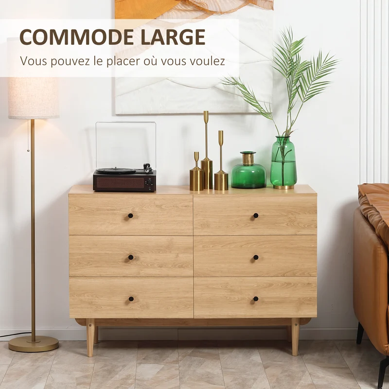 Commode 6 tiroirs 120 x 40 x 80 cm grand plateau anti-basculement style épuré en panneau de particules marron clair 21_0001539