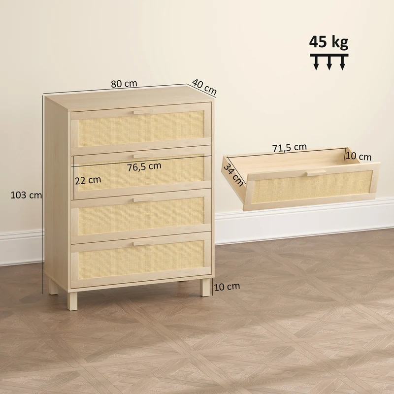 Commode 4 tiroirs chic 80 x 40 x 103 cm grands tiroirs dispositif anti basculement style scandinave en MDF bois clair 21_0001467