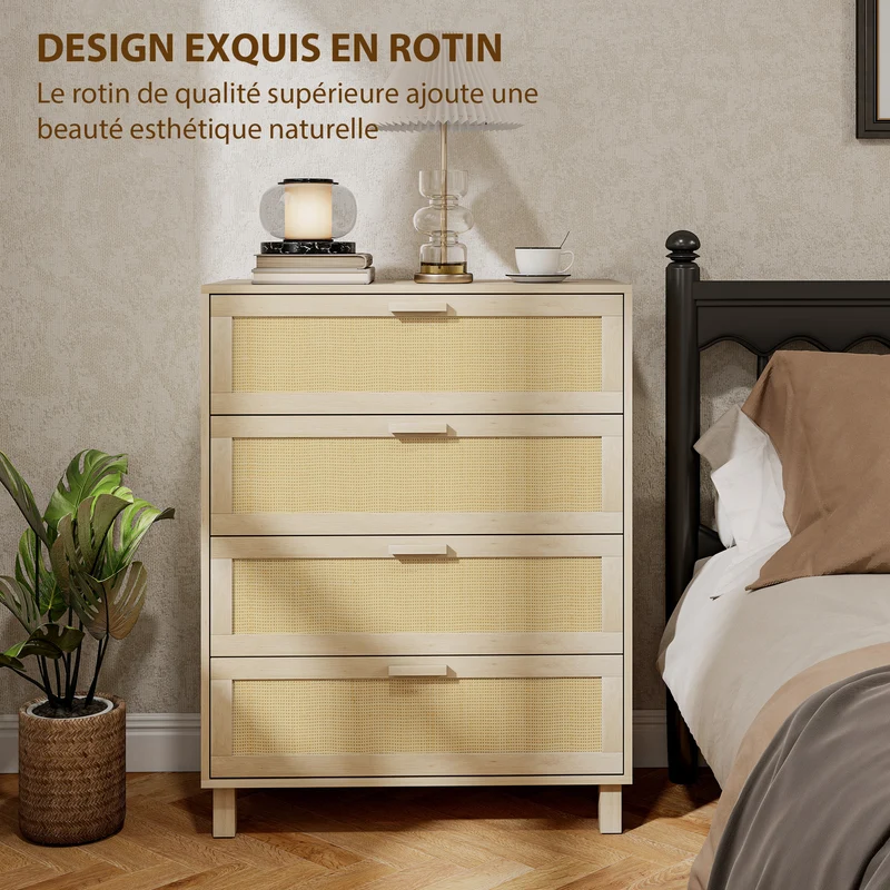 Commode 4 tiroirs chic 80 x 40 x 103 cm grands tiroirs dispositif anti basculement style scandinave en MDF bois clair 21_0001467