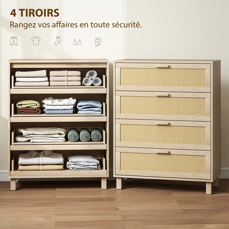 Commode 4 tiroirs chic 80 x 40 x 103 cm grands tiroirs dispositif anti basculement style scandinave en MDF bois clair 21_0001467
