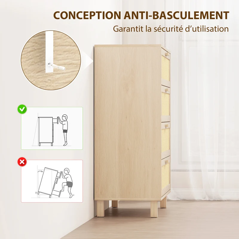 Commode 4 tiroirs chic 80 x 40 x 103 cm grands tiroirs dispositif anti basculement style scandinave en MDF bois clair 21_0001467