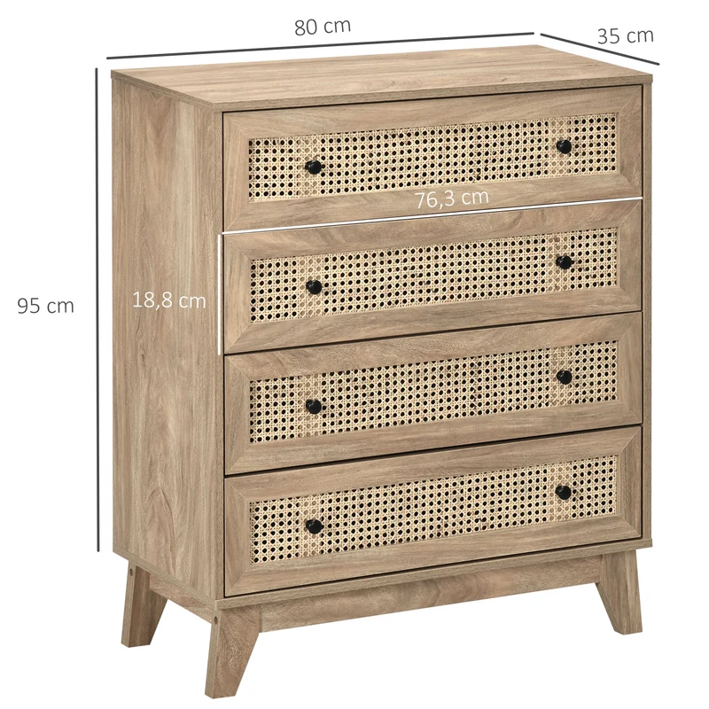 Commode 4 tiroirs 80 x 35 x 95 cm anti basculement rangements charge 40 kg style scandinave design épuré en MDF naturel 21_0001535