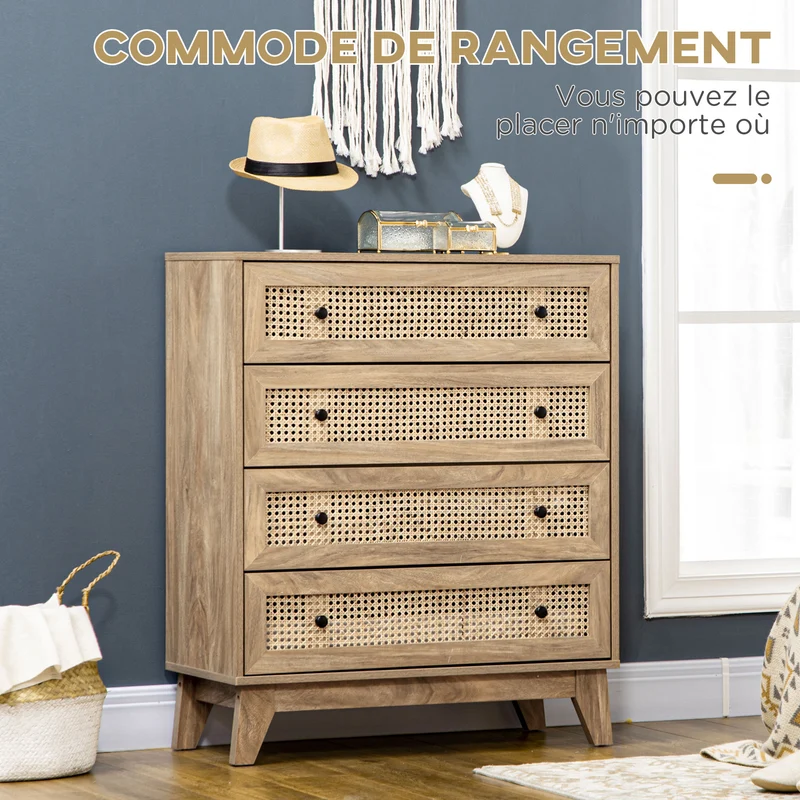 Commode 4 tiroirs 80 x 35 x 95 cm anti basculement rangements charge 40 kg style scandinave design épuré en MDF naturel 21_0001535