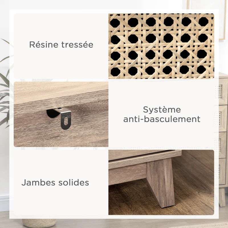 Commode 4 tiroirs 80 x 35 x 95 cm anti basculement rangements charge 40 kg style scandinave design épuré en MDF naturel 21_0001535