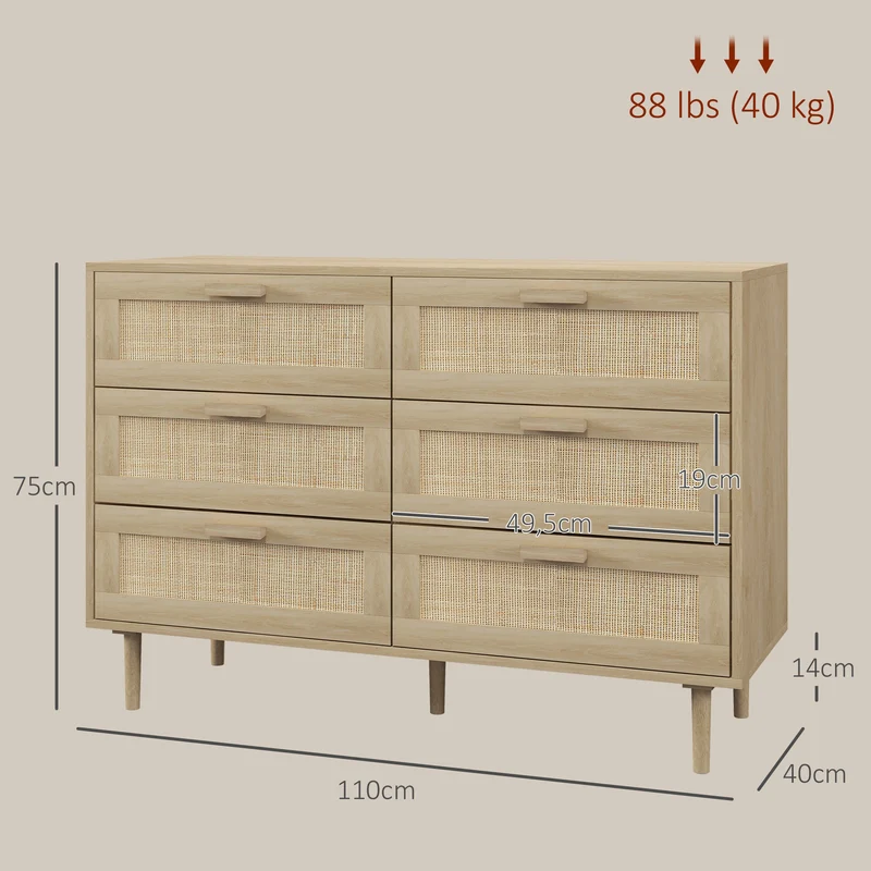 Commode compacte 6 tiroirs 110 x 40 x 75 cm façades cannage anti-basculement style scandinave cosy en rotin bois clair 21_0001585