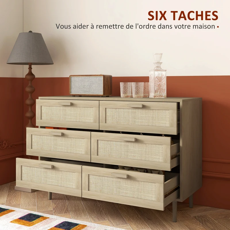 Commode compacte 6 tiroirs 110 x 40 x 75 cm façades cannage anti-basculement style scandinave cosy en rotin bois clair 21_0001585