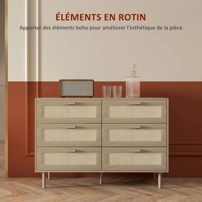 Commode compacte 6 tiroirs 110 x 40 x 75 cm façades cannage anti-basculement style scandinave cosy en rotin bois clair 21_0001585