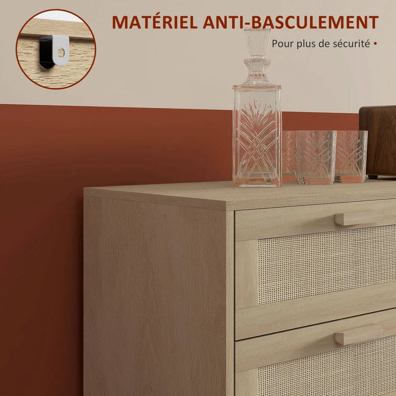 Commode compacte 6 tiroirs 110 x 40 x 75 cm façades cannage anti-basculement style scandinave cosy en rotin bois clair 21_0001585