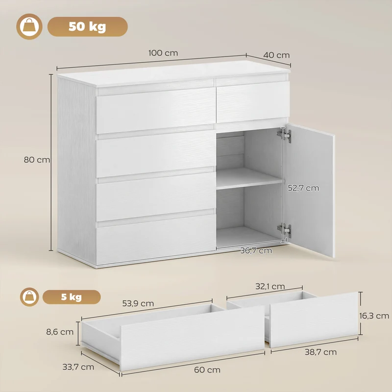 Commode 5 tiroirs buffet salon 100 x 40 x 80 cm rangement fermeture douce étagère réglable épuré moderne en MDF blanc 21_0003659