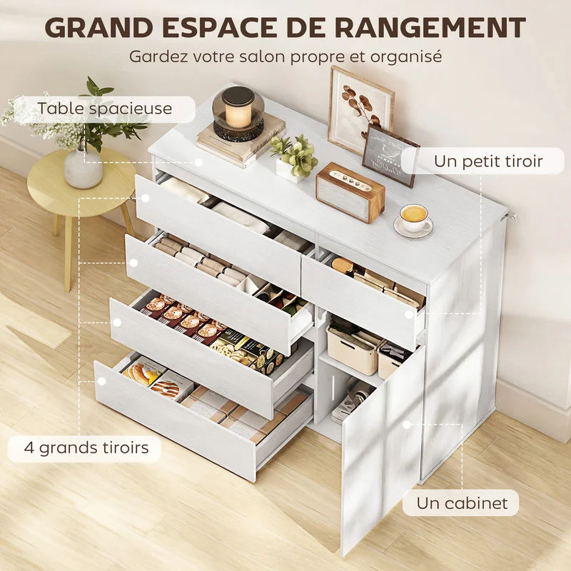 Commode 5 tiroirs buffet salon 100 x 40 x 80 cm rangement fermeture douce étagère réglable épuré moderne en MDF blanc 21_0003659