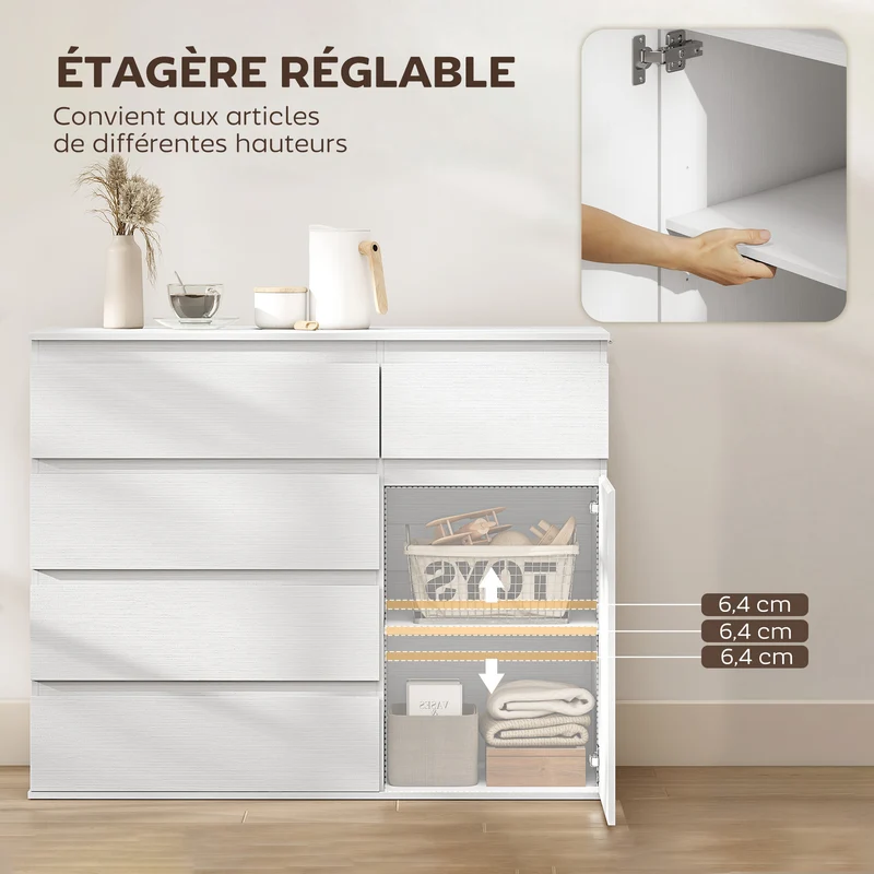 Commode 5 tiroirs buffet salon 100 x 40 x 80 cm rangement fermeture douce étagère réglable épuré moderne en MDF blanc 21_0003659