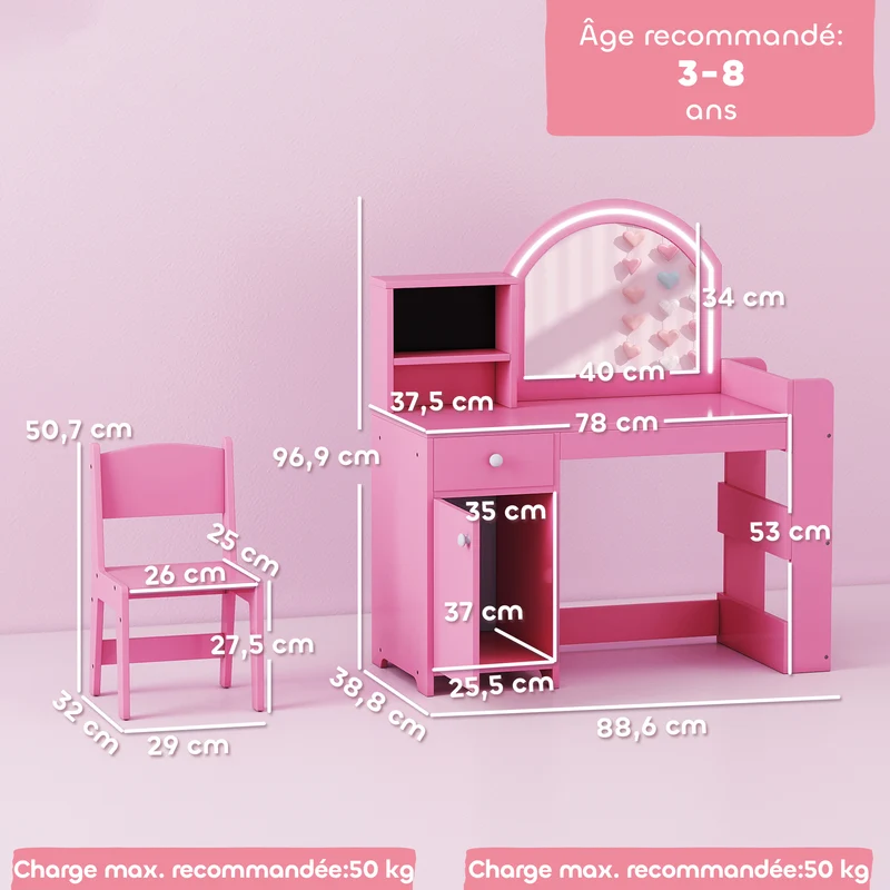 Coiffeuse pour enfant avec tabouret miroir led rangements 89 x 39 x 97 cm bureau intégré moderne scandinave en MDF rose 21_0000272